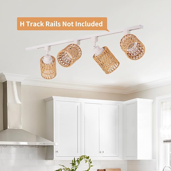 4-Pack H Track Lighting Heads, Rattan Track Light Heads Fixture for H Type Track Lighting Rail, E26 Flexible Track Light Ceiling Fixtures, Adjustable Modern Track Light for Kitchen, No Bulb