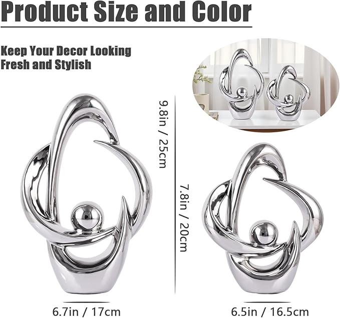 2PCS Home Decor Accent Ceramic Statue Abstract Sculptures Centerpieces Mid Century Modern Decor for Tables Coffee Table top Decorations for Living Room Desktop Shelf Dining Room Kitchen (Sliver)