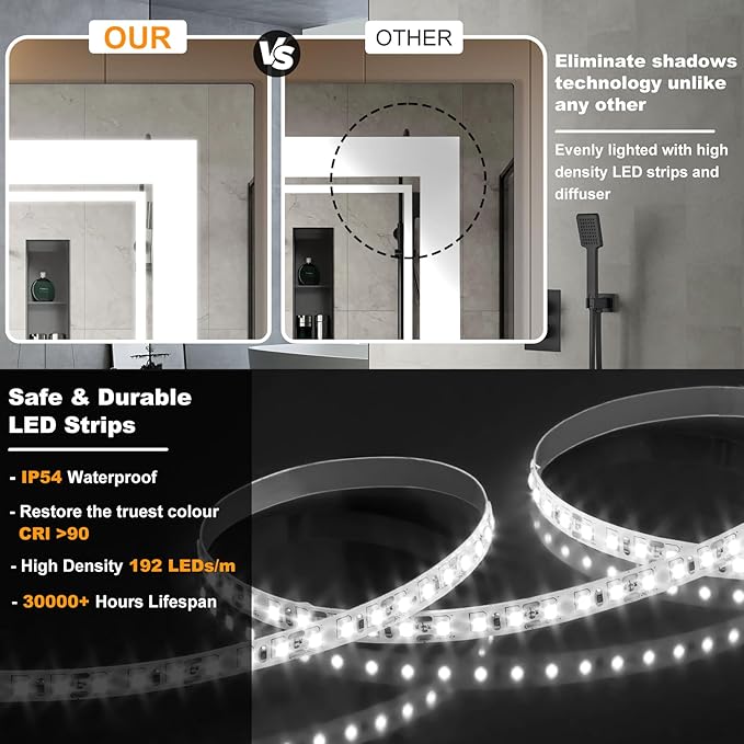 72x40 Inch LED Bathroom Mirror with Frontlit & Backlit（Independent Control）, Lighted Mirror for Bathroom Wall with 3-Color Dimmable & Anti-Fog, Vanity Mirror with Lights