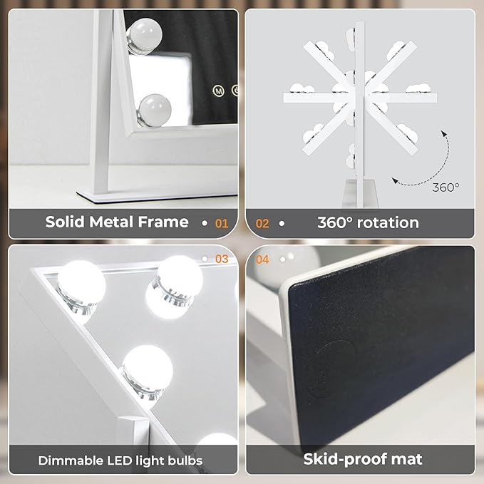 ZL ZELing Vanity Mirror with Lights,Makeup Mirror with Lights,Light up Mirrors with Smart Touch 3 Colors Dimmable,Mirror with Lights with 360° Rotation