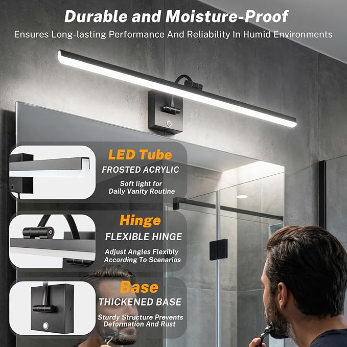 OSYNNIQ Bathroom Vanity Light, 34″ Wall Picture Art Modern Lighting Fixture Over Mirror Dimmable 16W 5000K LED Bar Rotatable Black Waterproof IP44 Wall Sconce for Makeup Shaving