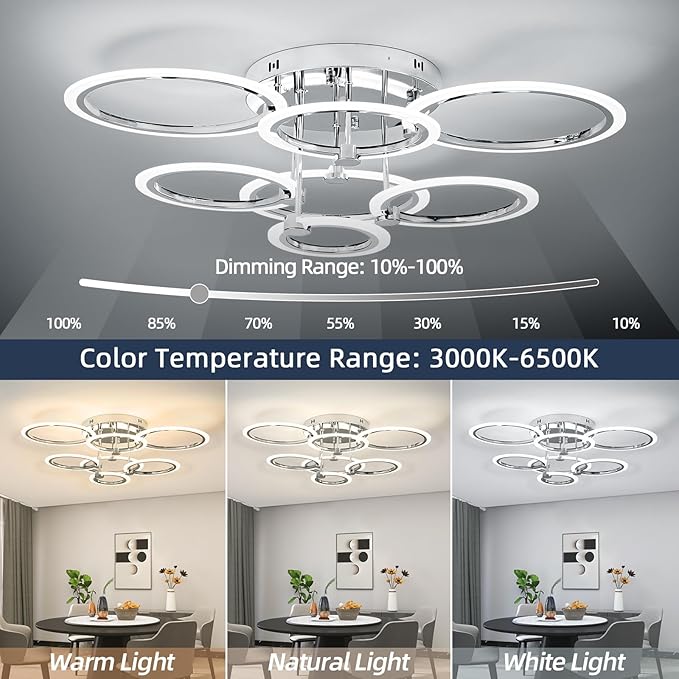 7-Ring Modern LED Flush Mount Ceiling Light - 31.8" Dimmable Close-to-Ceiling Fixture with Remote Control, 130W 3000K-6500K Adjustable Color Temperature for Bedroom, Living Room (Chrome)
