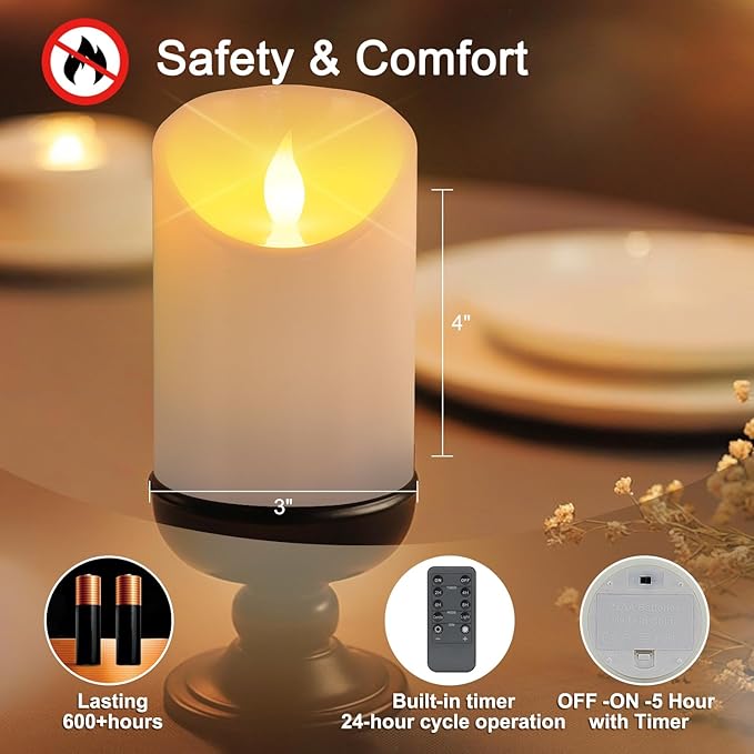 3"x4" Flickering Flameless Candles, Realistic LED Candles, Battery Operated Candles with Remote and Timers, Real Wax Electric Fake Pillar Candles for Festival Wedding Home Party Decor-2Pack