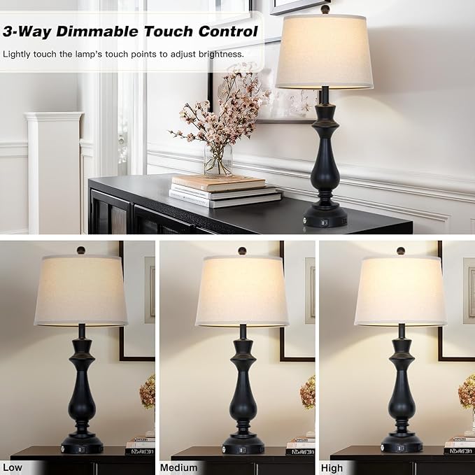 Touch Lamps for Night Stands Set of 2-29.5" Tall Bedside Lamp with USB C+A, 3 Way Dimmable Bedroom Lamps, Black Metal Table Lamps for Living Room
