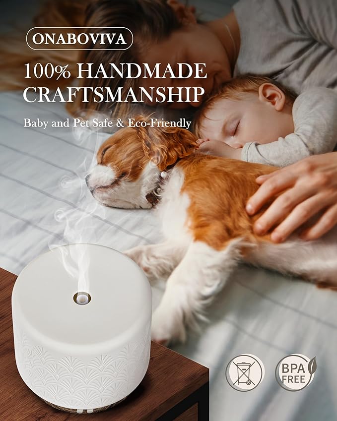Essential Oil Diffuser -280ml Ceramic Diffuser for Large Room&Commercial Use, 2.4MHz Cool Mist Humidifier & Independent Decorative Light & Aromatherapy Diffuser, Pulse&Continuous Mist, Timer, Auto-Off