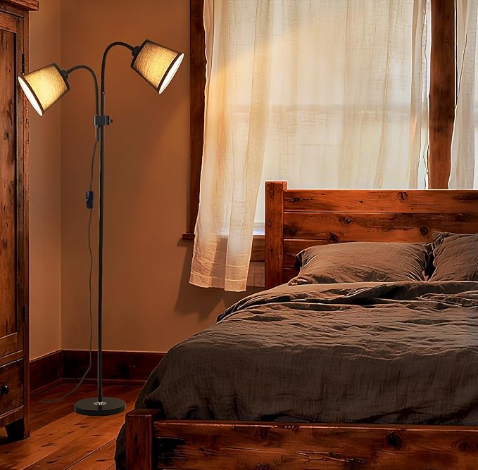 AoMck Floor Lamp, Industrial Metal Floor Lamps for Living Room with Adjustable Bendable 2 in 1 Reading Table Lamps for Living Room Bedroom Office (B2+Black)