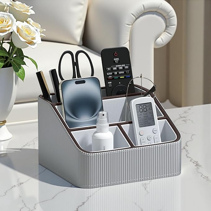 PU Leather Remote Control Holder with 4 Compartments, Small Desk Organizer Office Supply Bedside Caddy, All-in-One Small Bedside Remote Holder Nightstand Desktop Organizer