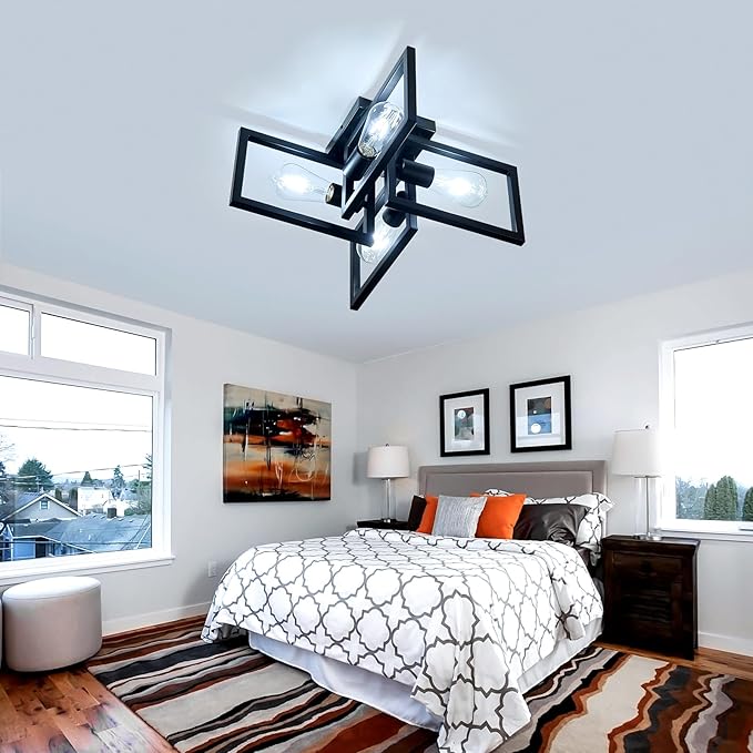 ZGLAOJT 4-Light Flush Mount Ceiling Light Black Industrial Kitchen Light Fixtures Modern Matte Sputnik Chandelier for Dining Room Bedroom Farmhouse Living Room.