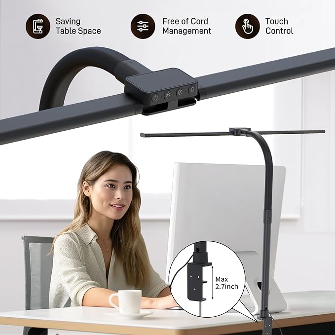 LED Desk Lamp for Home Office, Eye-Caring Desk Light with Clamp, 15W Double Head Architect Task Lamp Stepless Dimming, Flexible Gooseneck Bright Table Lamp for Study Reading Workbench Drafting