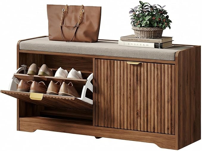 Maupvit Fluted Shoe Bench with 2 Flip-Drawers, 39.4" Narrow Entryway Bench with Shoe Storage and Seat Cushion, Adjustable Shelf, Walnut Hidden Shoe Rack Bench for Front Door Entrance, Hallway