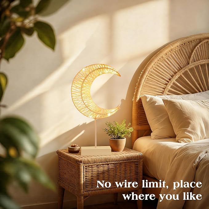 Lewondr Ramadan Decorations Moon Table Lamp, Moon Shape Rattan Ramadan Desk Lamp Battery Powered Light, Winding Thread LED Crescent Light for Home Bedroom Bedside Desktop Eid Mubarak Decorations