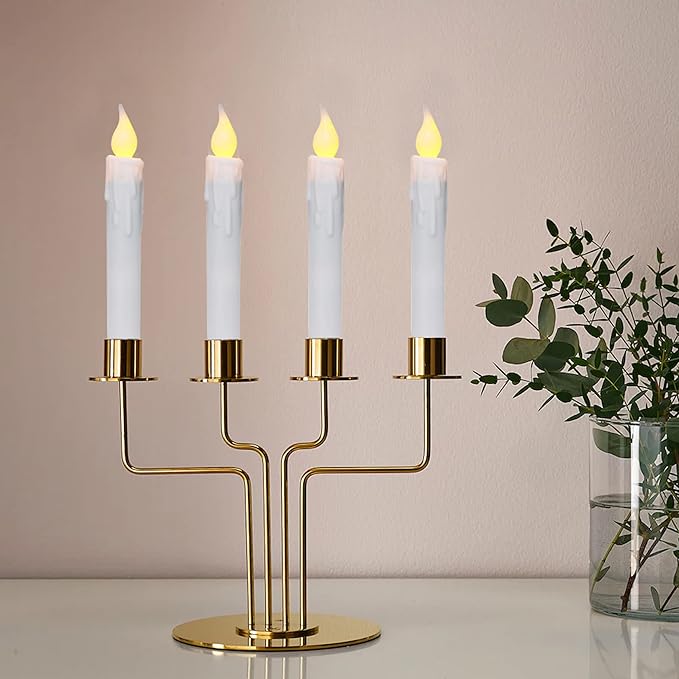 CVHOMEDECO. Flickering Taper Candles LED Drip Flameless Candles, Battery Operated with Timer, White, 6-3/4 Inch, Set of 6