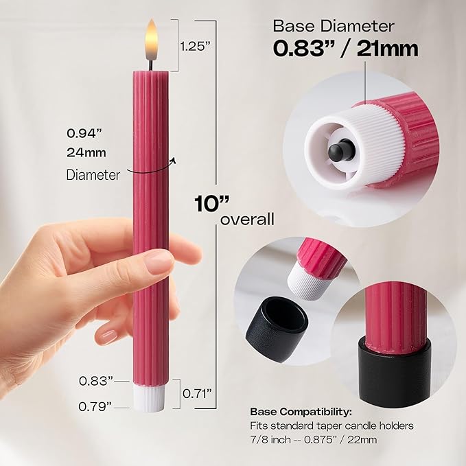 6 Pack, 10" LED Flameless Pink Ribbed Taper Candles w/Remote Controller, On/Off Button, Dimmable, Flicker/Static Mode, Battery Operated, Holiday Christmas Menorah Home Wedding Decor