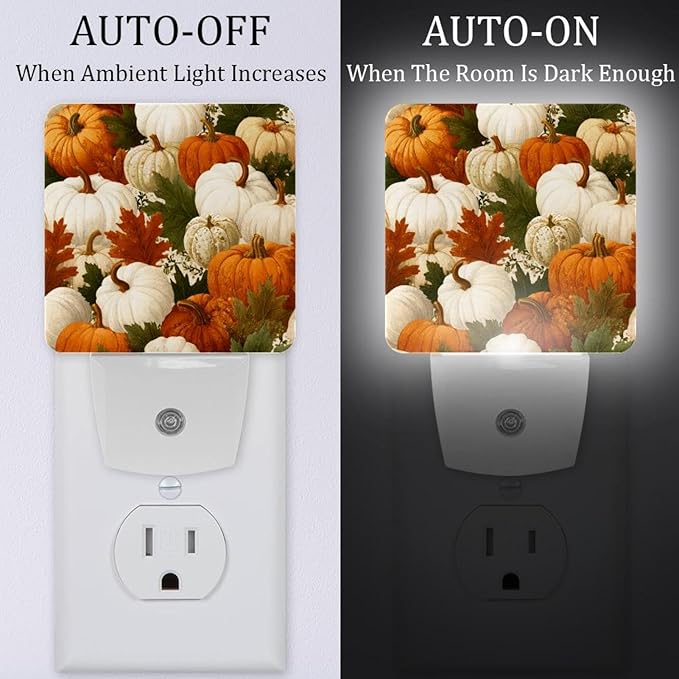 Thanksgiving Pumpkins a (2) Plug in Led Night Light with Auto Dusk to Dawn Sensor,Brightness Cool White Lights for Hallway,Kids Room, Kitchen, 2 Pack