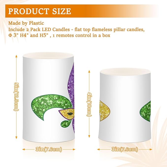 YETTASBIN Mardi Gras Flameless Candles with Remote Control and Timer, Adjustable Brightness Long Lasting Battery Operated LED Pillar Candles for Indoor Outdoor Party Home Decor, 2 Pack