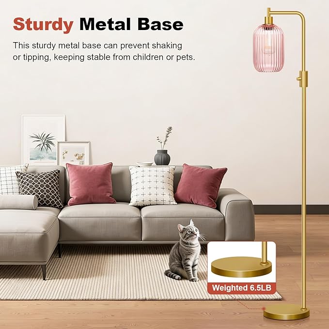 【Upgraded】 Dimmable Glass Floor Lamp for Living Room, Modern Gold Standing Lamp with Pink Ribbed Glass Lampshade & Knob Dimmer, Arc Tall Lamp for Bedroom Office Reading Room, 2700K Led Bulb Included