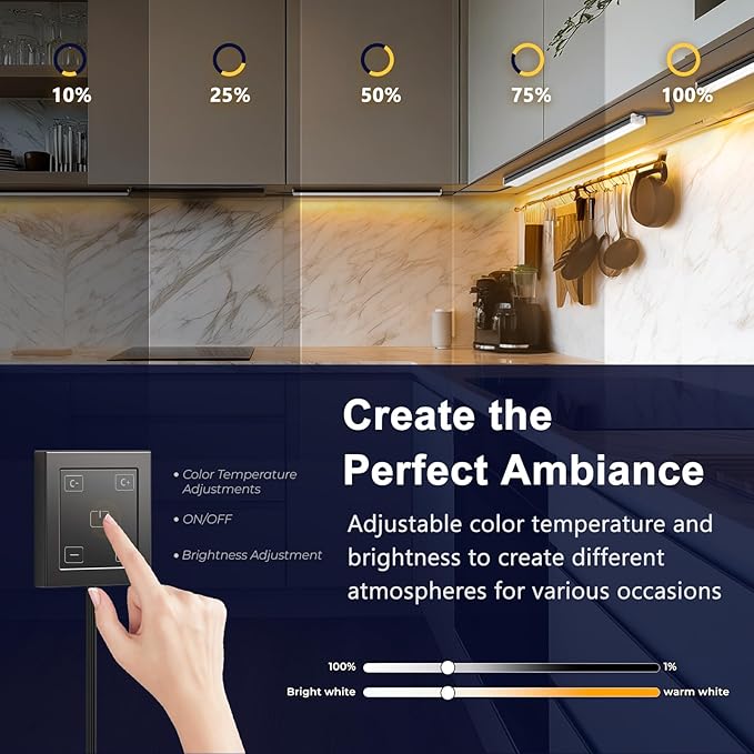 VST Under Cabinet Lighting 6 Pack, Touch Control LED Cabinet Light Bars, Dimmable & Adjustable Color Temperature 2700K-6500K, Ultra Thin Linkable Under Counter Lights for Kitchen, Closet & Display