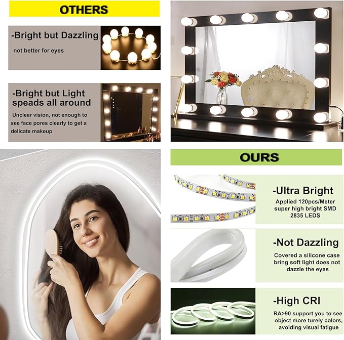 10FT Indoor Rope Lights, LED Vanity Lights for Mirror, Dimmable Rope Light Hollywood Style White Neon Rope Light for Makeup Vanity Table & Bathroom, Bedroom, Mirror not Included