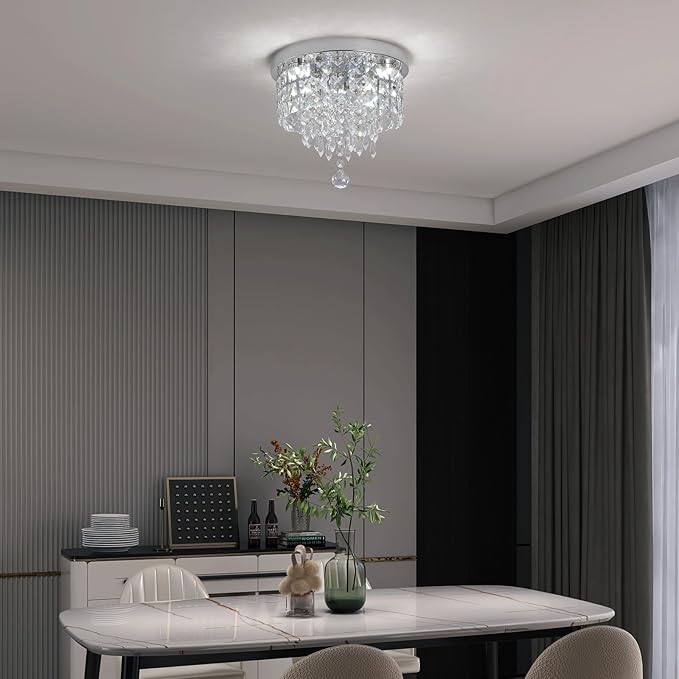 Deckrico Crystal Chandelier Flush Mount Ceiling Light Chrome Modern LED Lighting Fixture for Bedroom, Closet, Bathroom, Hallway – White Light