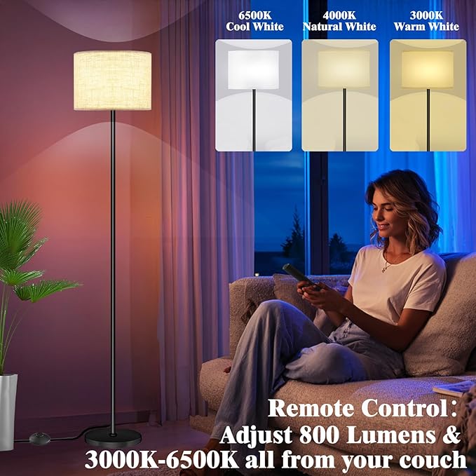 Smart LED Floor Lamp with APP Control & RGB Colors - Dimmable Standing Lamp for Living Room, Bedroom, Gaming - Remote, Timer, 9W Bulb Included, 60.6" Modern Tall Lamp (Beige)