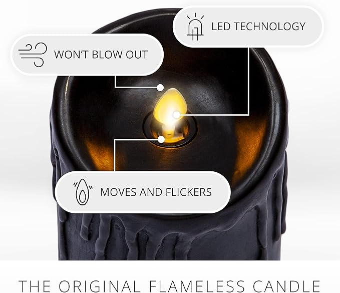 Luminara Black Wax Drip Flameless Candle LED Battery Operated Moving Flame Lights Pillar Unscented Real Wax with Dripped Edge, Timer (3 x 6.5 inch)