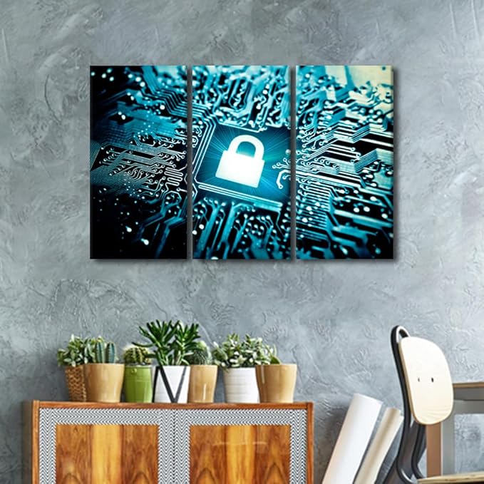 AI Intelligence Wall Art Canvas Painting Security Lock Symbol Wall Art Artwork for Home Walls AI Wall Art 3 Pieces Framed Wall Art Home Office Room Wall Decor Framed Ready to Hang, 42" Wx28 H