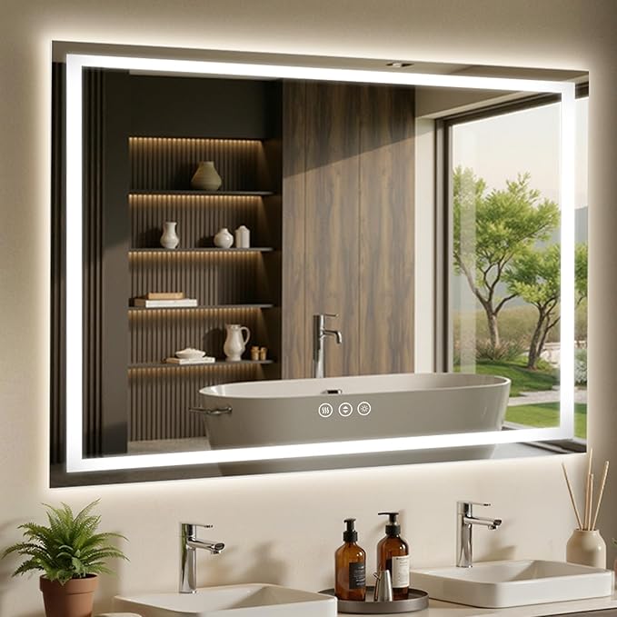 60X40 LED Bathroom Mirror with Lights, Anti-Fog, Dimmable - Lighted Bathroom Vanity Mirror with Front & Back Light, 3 Color Temperatures, Memory Function, Tempered Glass (Horizontal/Vertical)