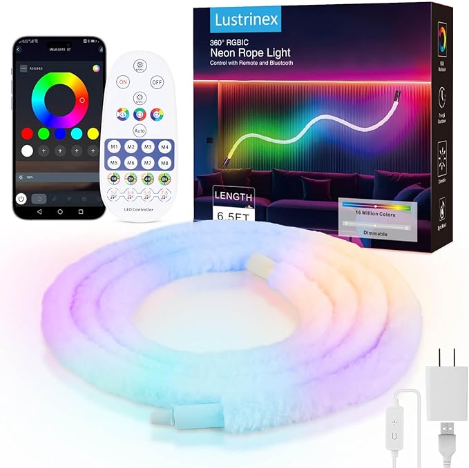 LED Neon Rope Lights, 6.5ft RGBIC 360° Luminous 5v USB Bluetooth APP Control Music Sync IR Remote Color Changing Smart LED Strip Lights for Bedroom Gaming Party Decor