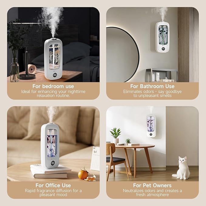Small Waterless Oil Diffuser, Cordless Aromatherapy Diffusers with Real Flowers | 3 Scents Home Fragrance, 6-Speed Adjustable Air Freshener for Office & Bedroom