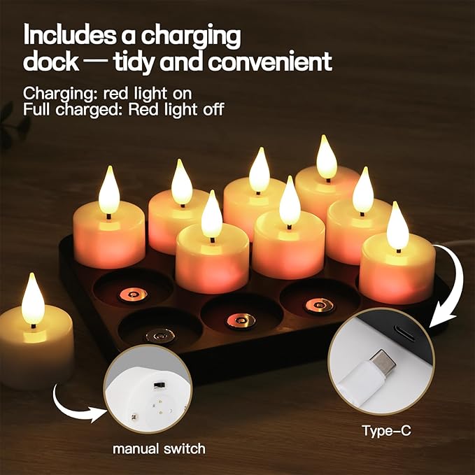 Rechargeable Candles tealights 12 Pack, Electric Tea Lights with Type-C Charging Base, 60-Hour Ultra Runtime, 2 inch Votive Candle with Remote, Ideal for Wedding Christmas Table Centerpiece