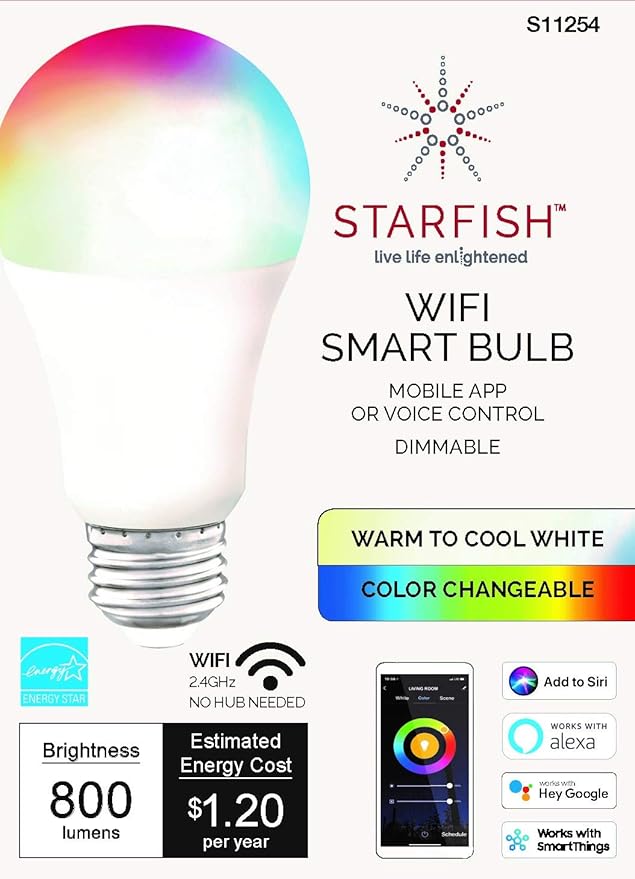 Satco S11254 Starfish 10-Watt A19 WiFi Smart LED Color-Changing Light Bulb, Works with Siri, Alexa, Google Assistant, SmartThings, 2700K-5000K, 800 Lumens