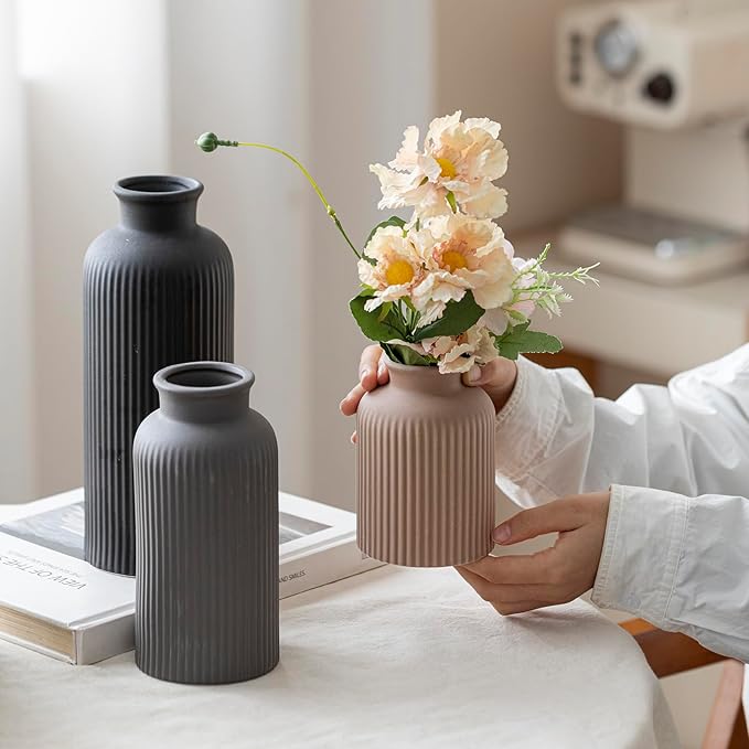 Large Modern Ceramic Vase Set, Black Ribbed Matte Finish, 3-Piece Decorative Vases for Home Living Room Office, 10 inch Tall, 4 inch Width (XL Black Mix)