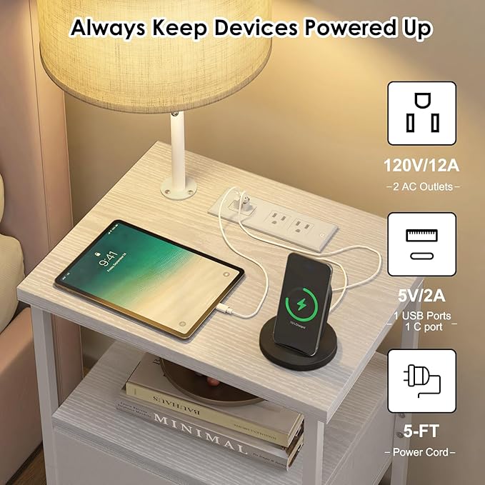 Fixwal Bedside Table with LED Lights Nightstand with 3 Color Temperatures Bulb, Tall NightStand with Charging Station End Table with Adjustable Fabric Drawer for Bedroom Dorm (White)