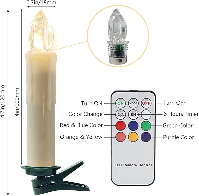Colorful LED Candle Battery Candlesticks 10pcs Remote Taper Candle LED Chandelier Flameless Candle Sticks with Clip for Christmas Tree Weddings Vigil and Menorah (4'', Ivory),Pack of 10