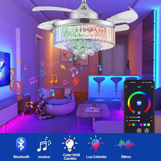 36" Retractable Crystal Ceiling Fan with Light, RGB Modern Fandelier 6 Speeds Reversible Blades Dimmable Chandelier Ceiling Fan with Remote App Control Memory Timer Silver