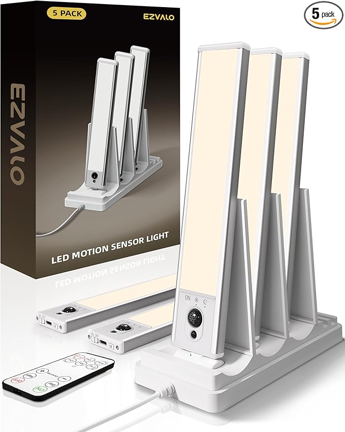 EZVALO 5-Pack Under Cabinet Lighting with Charging Station, 2400mAh Motion Sensor Light, LED Coutner Lights Wireless, 3000K Dimmable, Timer, Magnetic, with Remote Control for Kitchen, Closet, Stair