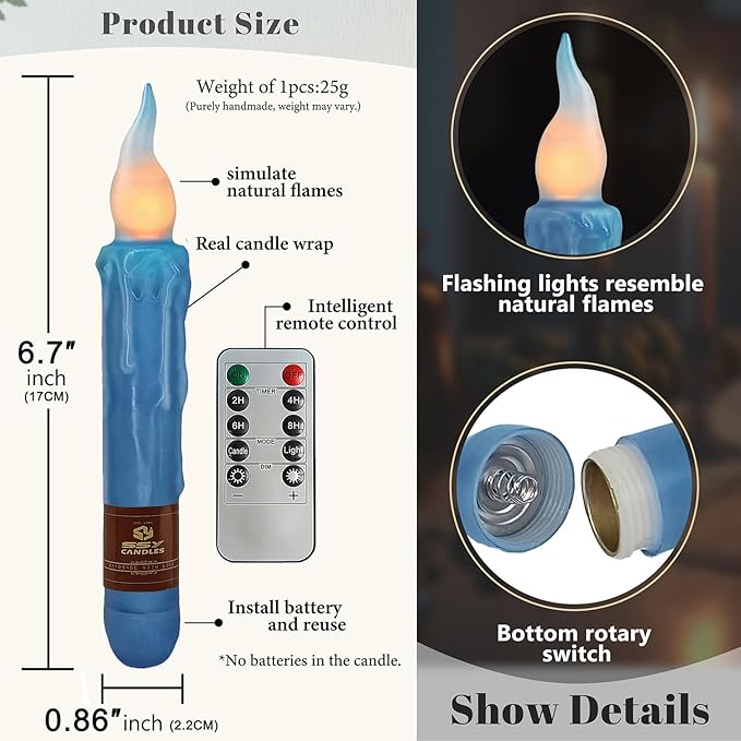 Dark Blue Flameless Short Taper Candles, Real Wax Hand Dipped LED Battery Operated with Remote, Flickering Flame Lights for Festival Party Home Décor, 6.7 Inch Primitive Flameless Candles, 2PCS