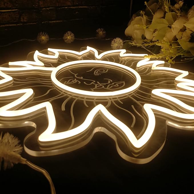 3D Sun and Moon LED Neon Light, Sunflower Neon Light Retro Sun Moon Face Neon Sign, Indie Boho Style Moth Constellation Aesthetic Wall Decor for Bedroom Dorm Living Room Man Cave, Birthday Gifts - 12"