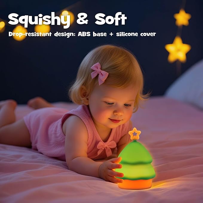 Squishy Christmas Tree Night Light with RGB Modes Dimmable Nursery Breastfeeding Nightlight Hangable Cute Christmas Lamp Novelty Rechargeable Silicone Touch Bedside Lamp for Bedroom Dorm Decor