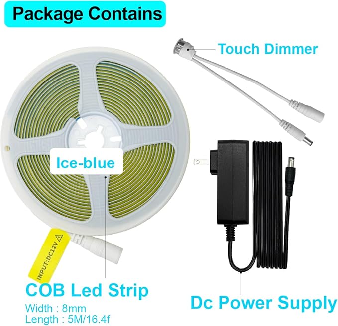 HAMRVL COB LED Strip Lights Ice Blue,16.4ft DC12V Dimmable LED Light Strip with 1600 LEDs, Touch Dimmer, 12V Adapter, Flexible Super Bright Indoor COB LED Lights for Cabinet Home DIY Lighting Projects