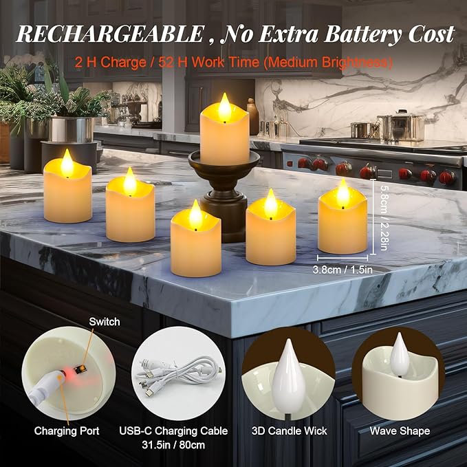 PChero Flameless Candles with Remote Timer, 6 Packs Rechargeable Tea Lights Flickering LED Votive Candles with USB Charging Cable for Christmas Halloween Fall Home Room Decor