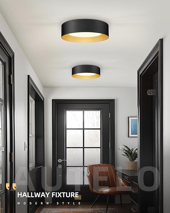 AUTELO Flush Mount Ceiling Light, 14" Frosted Glass Shade Close to Ceiling Light Fixture in Black Finish E26 Socket for Living Room Hallway Bedroom C3336XS BK