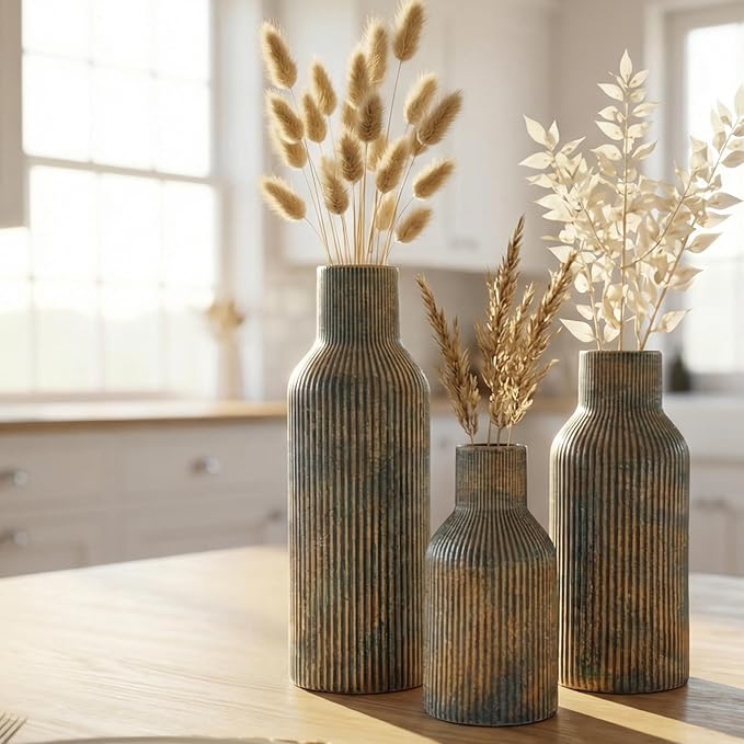 Ceramic Ribbed Vase Set of 3, Modern Farmhouse Decorative Vases in Vintage Blue, Assorted Sizes (5.9"/7.8"/9.8") for Pampas Grass, Living Room, Shelf and Table Centerpiece