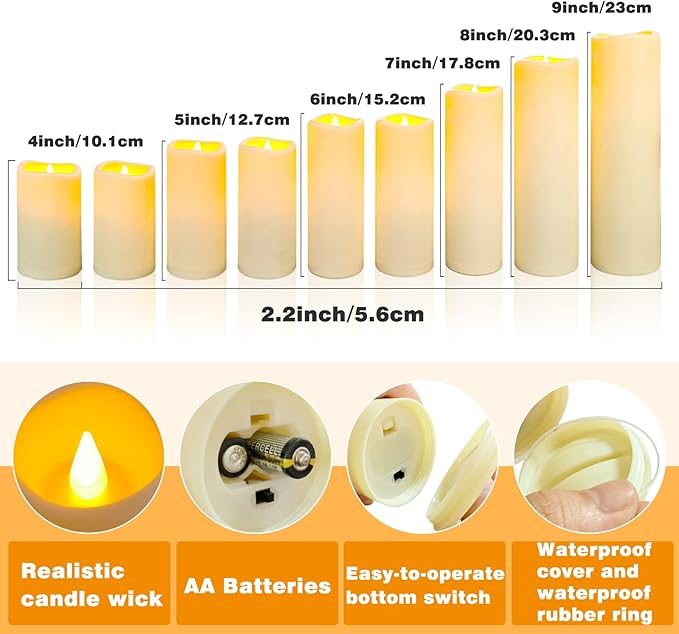 YIWER Plastic Waterproof Flameless Candles Set of 27: Battery Operated Candles Ivory Flickering Pillar Candles Include 4"/5"/6"/7"/8"/9" with 10-Key Remote 2/4/6/8H Timer Function