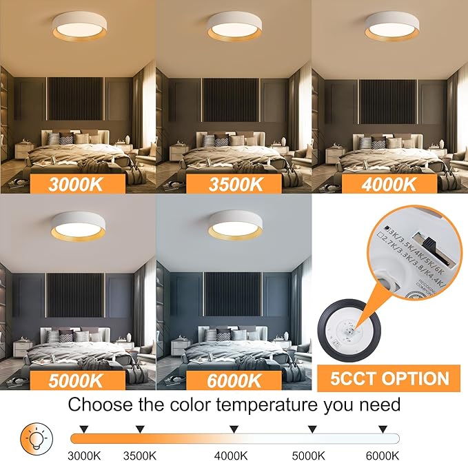 Dimmable Modern LED Flush Mount Ceiling Light,15.7 Inch 5CCT 36W/3000K-6000K,Minimalist Round White and Gold Close to Ceiling Lighting Fixtures for Bedrooms,Dining Rooms,Living Room,Kitchens