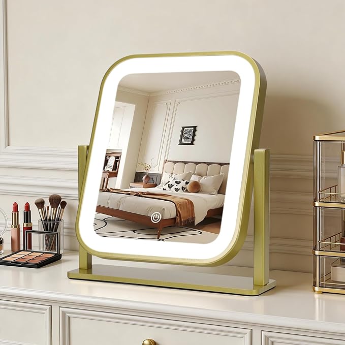 Vanity Mirror with Lights, 1500mAH, 10"×9" Makeup Mirror with Lights, Smart Touch with 3-Color Lighting, 360° Rotation, Portable LED Desk Mirror, Bedroom (Gold)