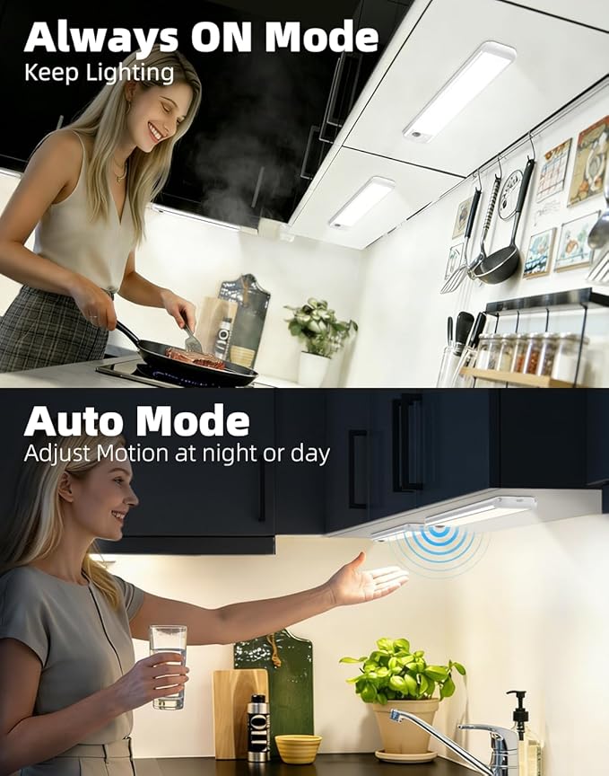 8.5" Under Cabinet Lighting 6 Pack, 3 Colors, Motion Sensor Light Indoor,48 LED Rechargeable Closet Lights, Dimmable Under Counter Lights, Stick-On Magnetic Cabinet Night Lights for Kitchen