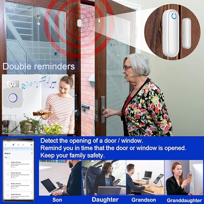 Door Chime with Phone App,WiFi Door Open Contact Sensor Alarm Chime with 600 FT Range,WiFi Door Ringer Alert for Business/Store/Home/Office When Enter (Three Sensor One Gateway)