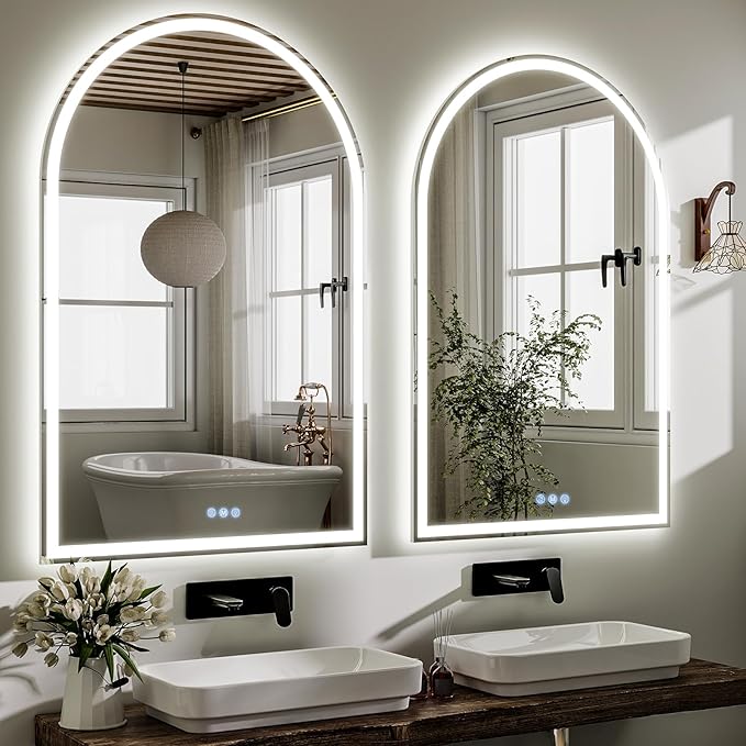 BEAUTYPEAK 48x30 LED Arch Bathroom Mirror with Lights, Anti-Fog, Dimmable, Backlit + Front Lit, Lighted Bathroom Vanity Mirror for Wall, 3 Colors, Memory Function, Tempered Glass, Shatter-Proof