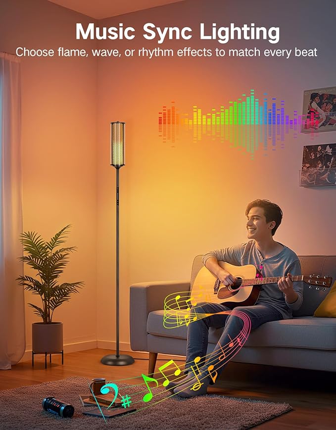 OUTON Corner Floor Lamp with Remote, Touch & App Control, RGB Color Changing Standing Lamp with 32 Modes, 360 Lighting, 3 Color Temperatures, Dimmable 66 in Tall Lamp for Living Room,Black & Glass